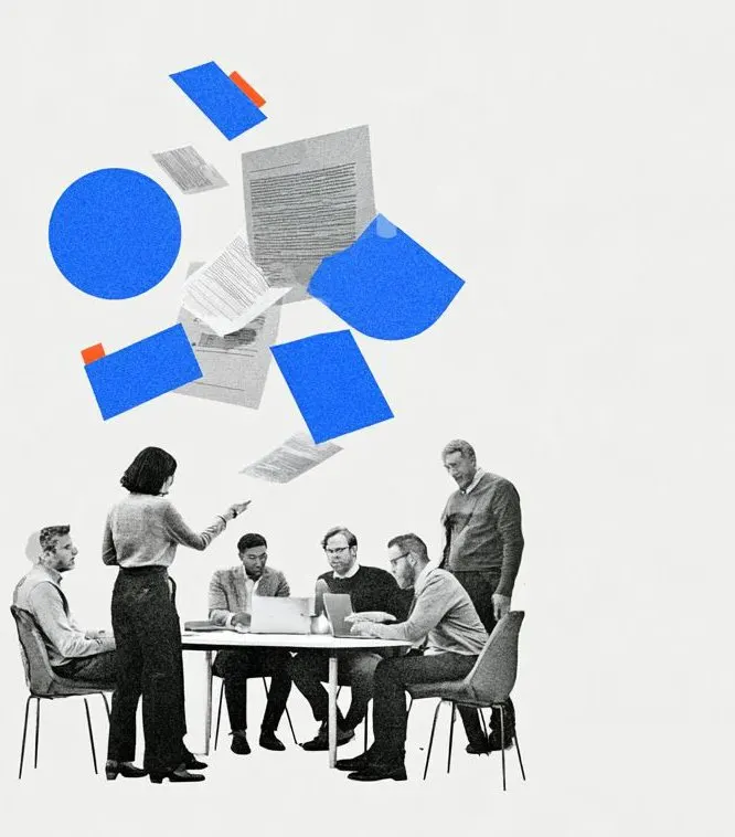 Illustrazione di un gruppo di lavoro attorno a un tavolo con documenti